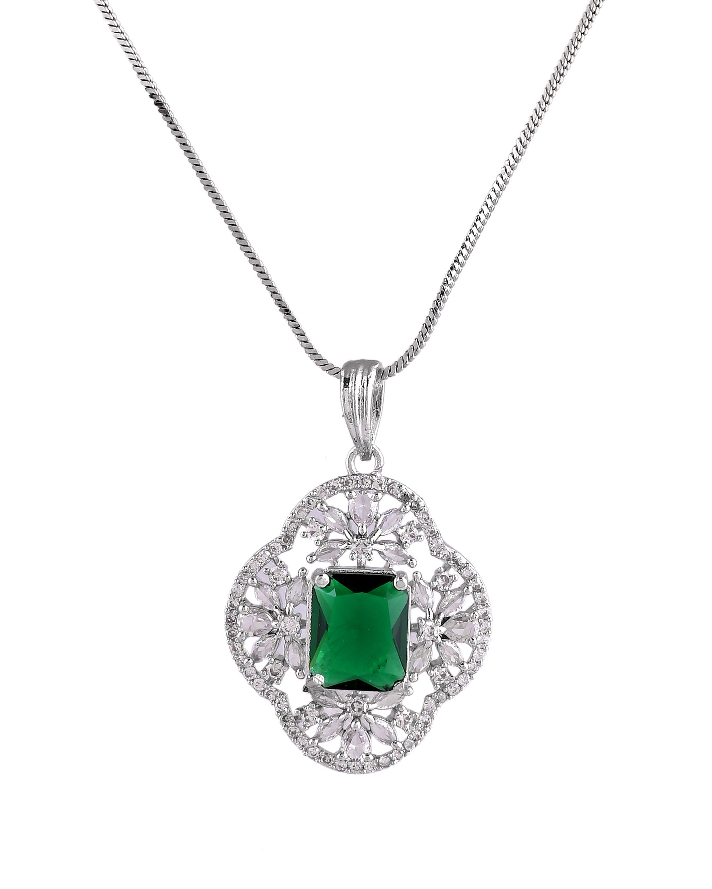 VOJ Silver Plated Green Rectangular Shaped Ad Chain Set - Dista