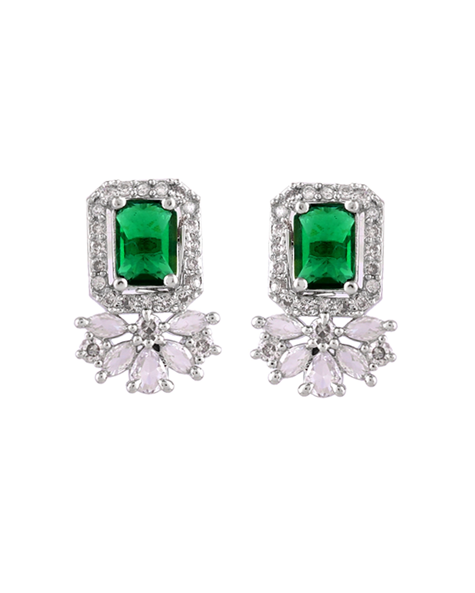 VOJ Silver Plated Green Rectangular Shaped Ad Chain Set