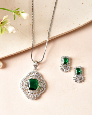 VOJ Silver Plated Green Rectangular Shaped Ad Chain Set - Dista