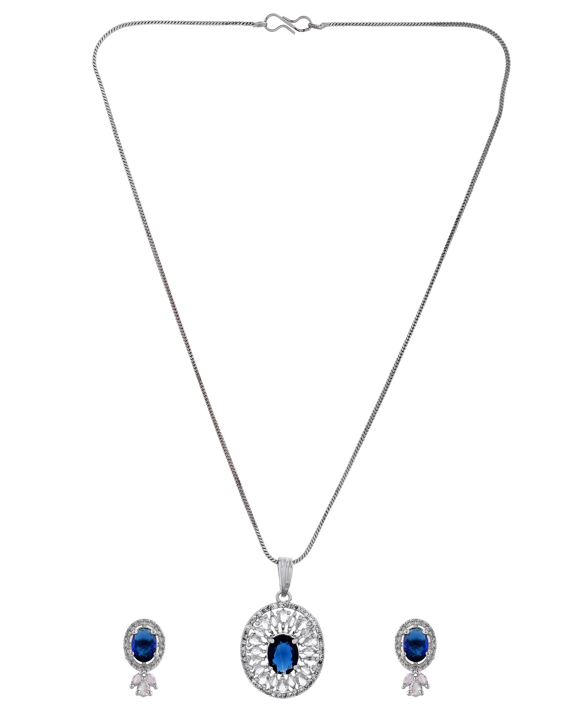 VOJ Silver Plated Oval Shaped Blue Stone Studded Ad Chain Set