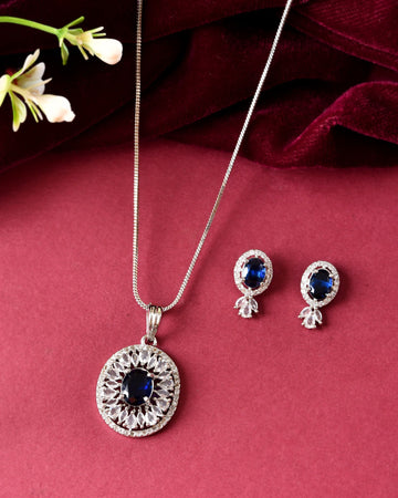 VOJ Silver Plated Oval Shaped Blue Stone Studded Ad Chain Set - Dista