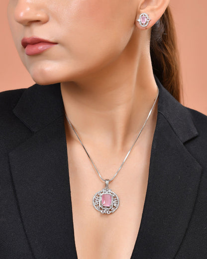 VOJ Silver Plated Baby Pink Rectangular Shaped Ad Chain Set - Dista