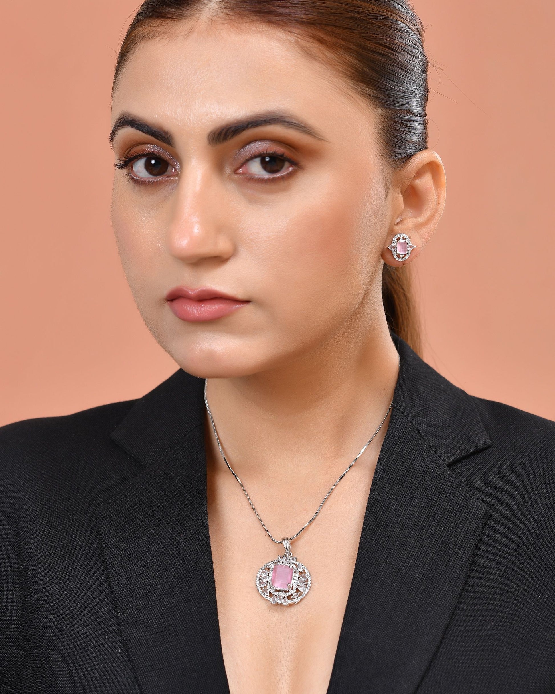 VOJ Silver Plated Baby Pink Rectangular Shaped Ad Chain Set - Dista