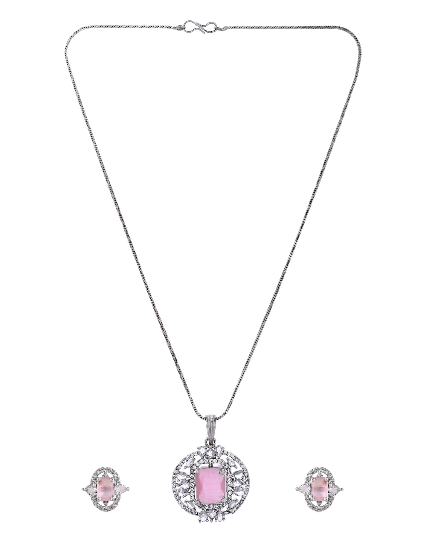 VOJ Silver Plated Baby Pink Rectangular Shaped Ad Chain Set - Dista