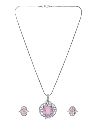 VOJ Silver Plated Baby Pink Rectangular Shaped Ad Chain Set - Dista
