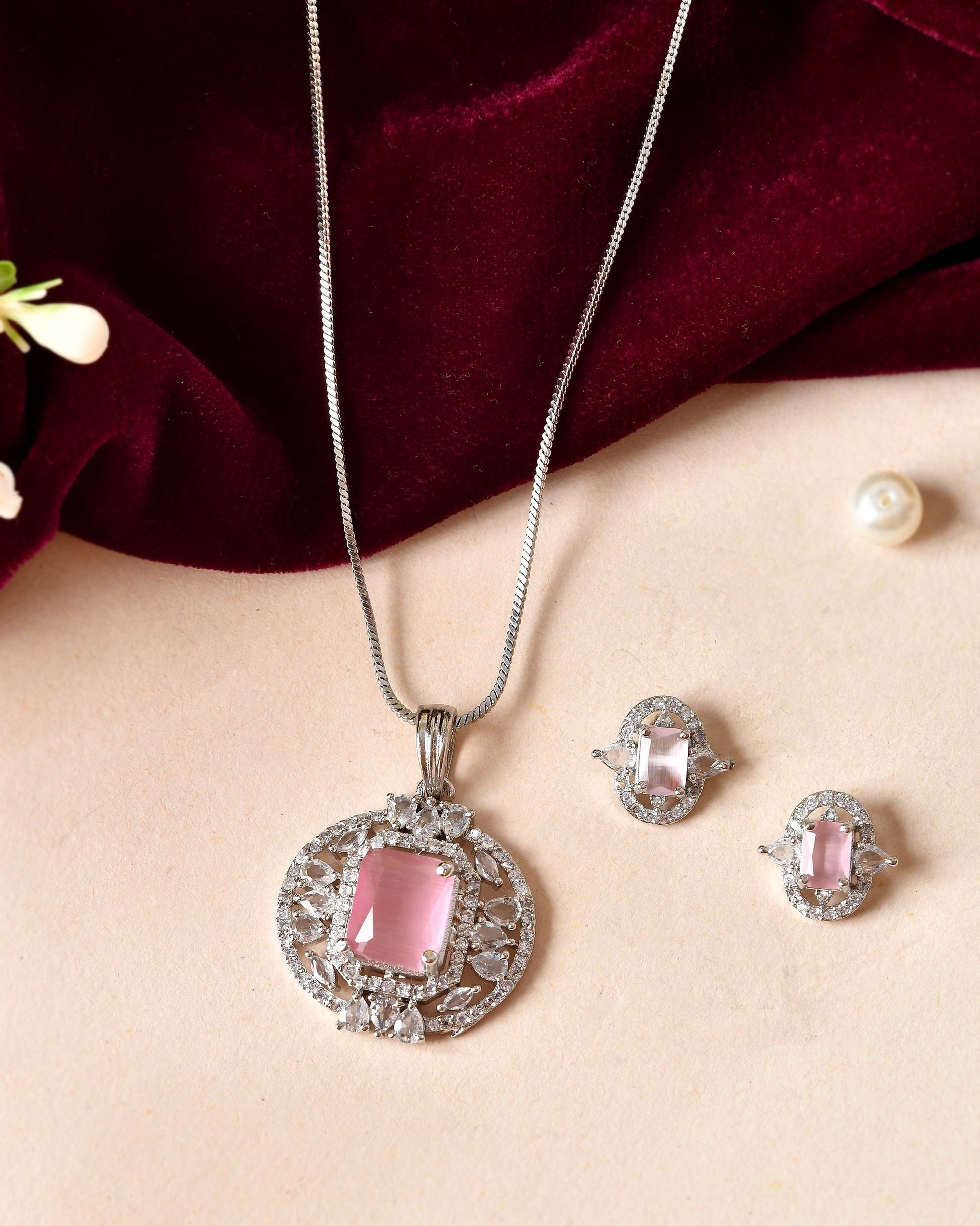 VOJ Silver Plated Baby Pink Rectangular Shaped Ad Chain Set - Dista