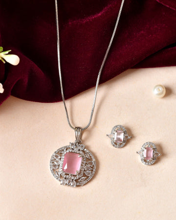 VOJ Silver Plated Baby Pink Rectangular Shaped Ad Chain Set - Dista