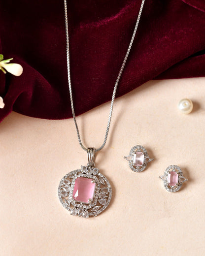 VOJ Silver Plated Baby Pink Rectangular Shaped Ad Chain Set - Dista