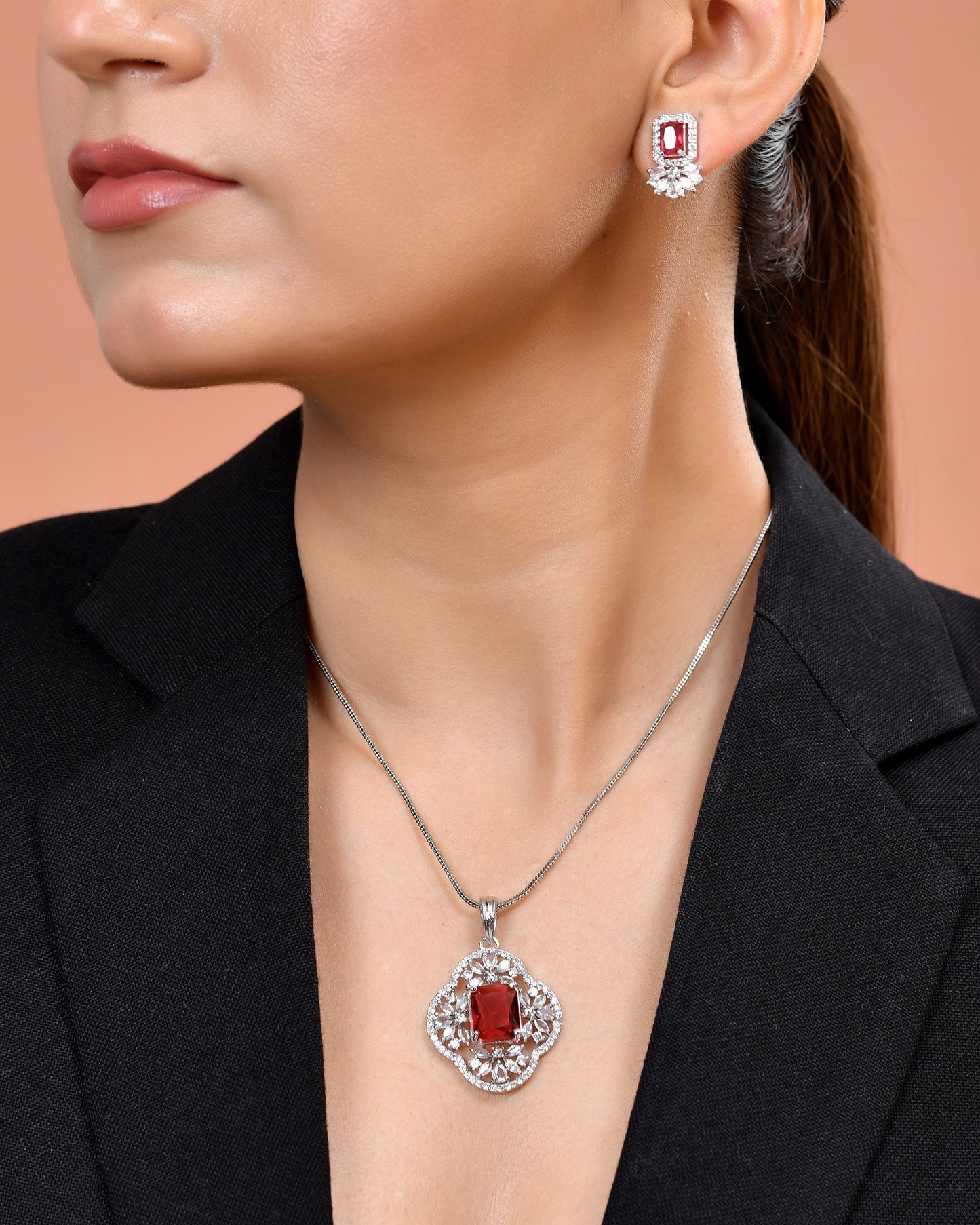 VOJ Silver Plated Ruby Red Rectangular Stone Studded Ad Chain Set - Dista