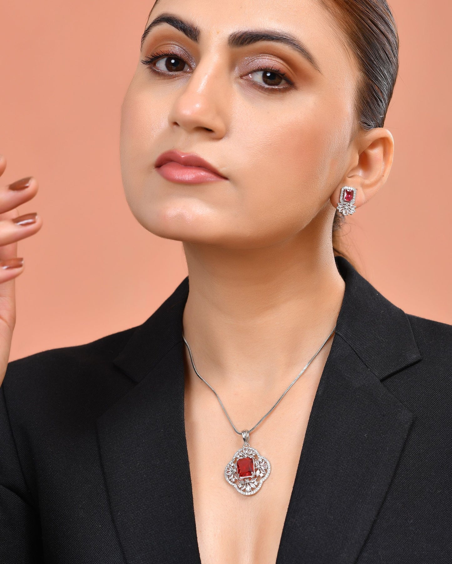 VOJ Silver Plated Ruby Red Rectangular Stone Studded Ad Chain Set - Dista