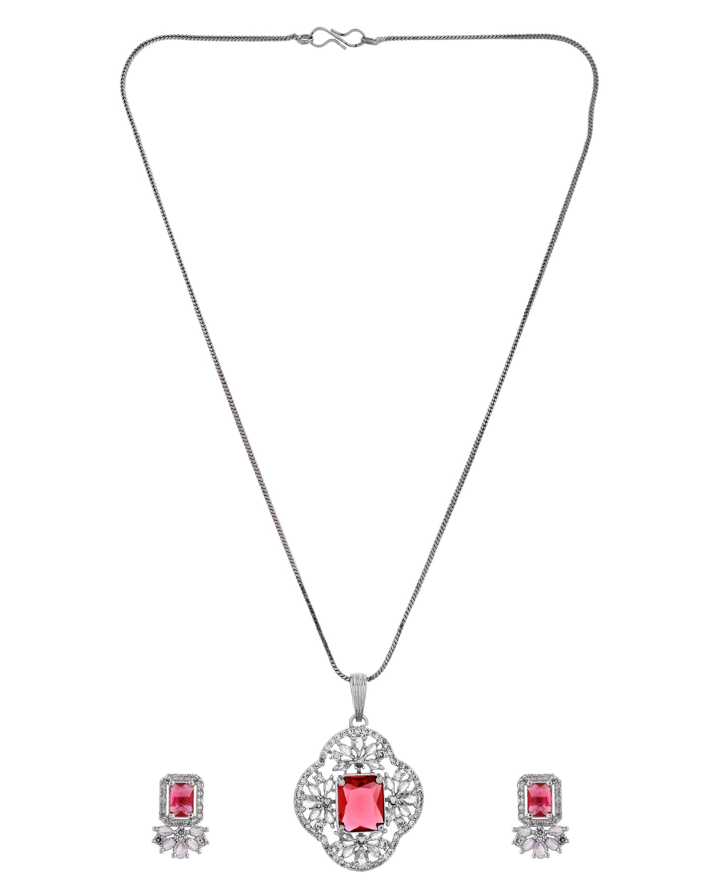 VOJ Silver Plated Ruby Red Rectangular Stone Studded Ad Chain Set - Dista