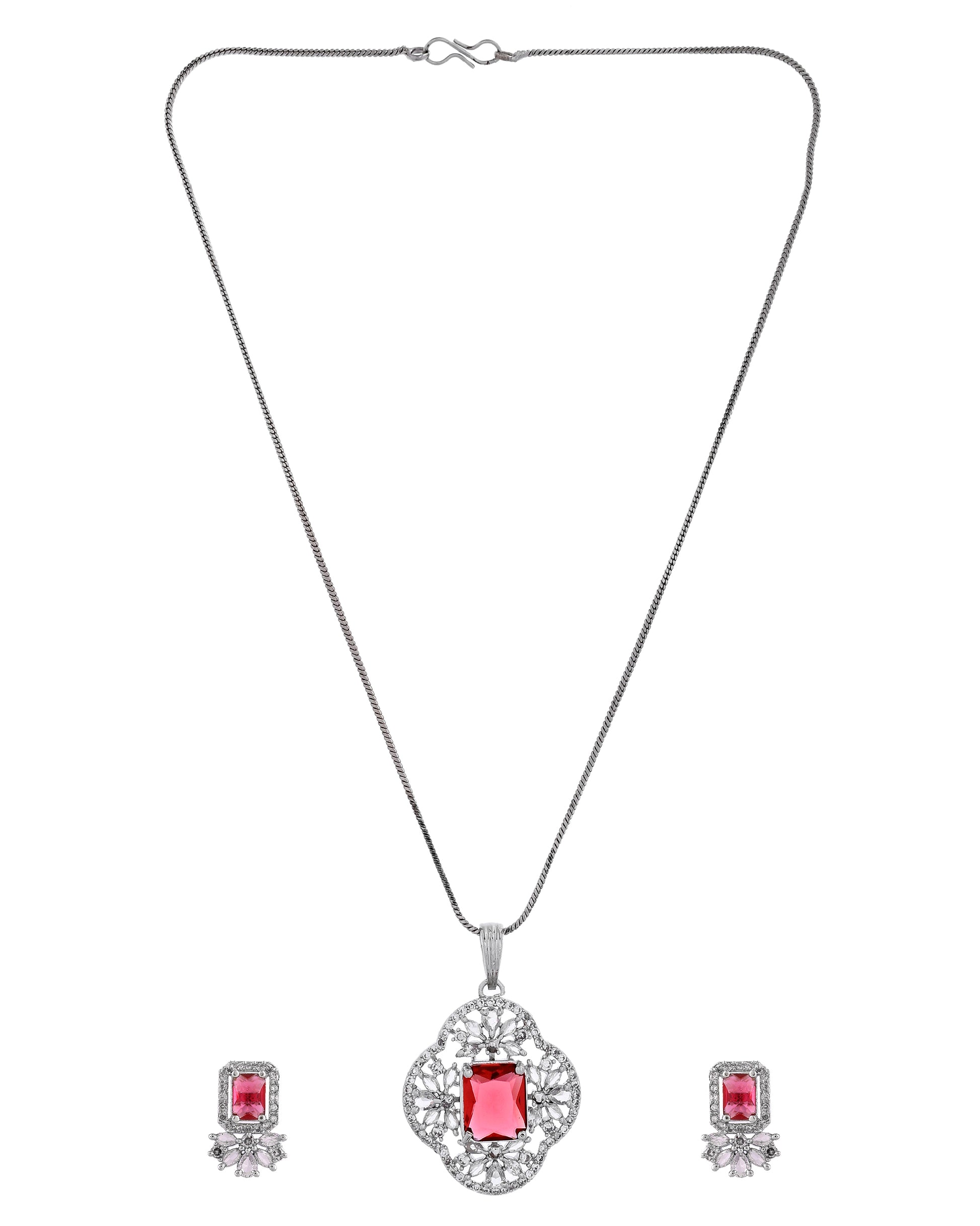 VOJ Silver Plated Ruby Red Rectangular Stone Studded Ad Chain Set - Dista