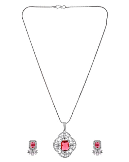 VOJ Silver Plated Ruby Red Rectangular Stone Studded Ad Chain Set - Dista