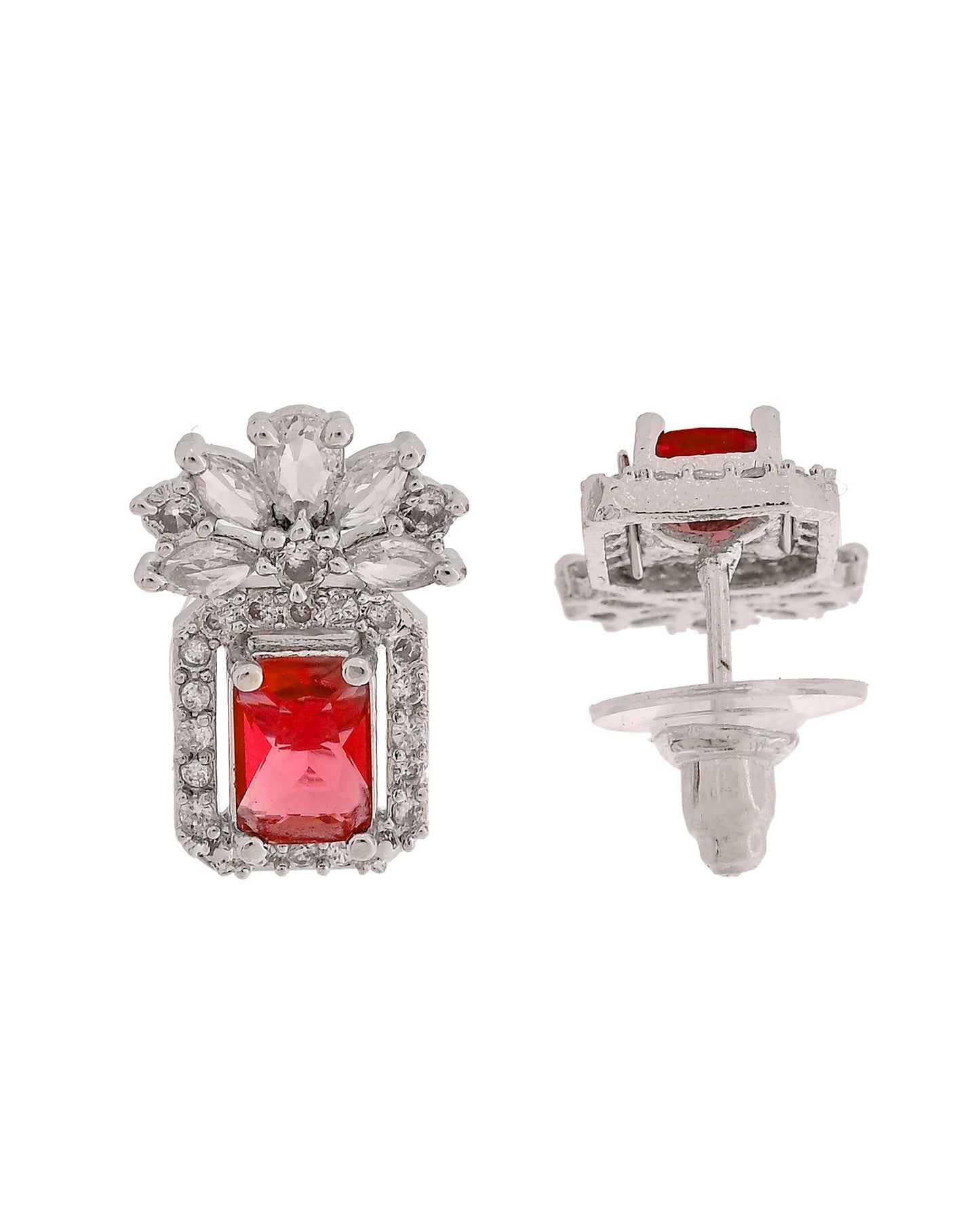 VOJ Silver Plated Ruby Red Rectangular Stone Studded Ad Chain Set - Dista
