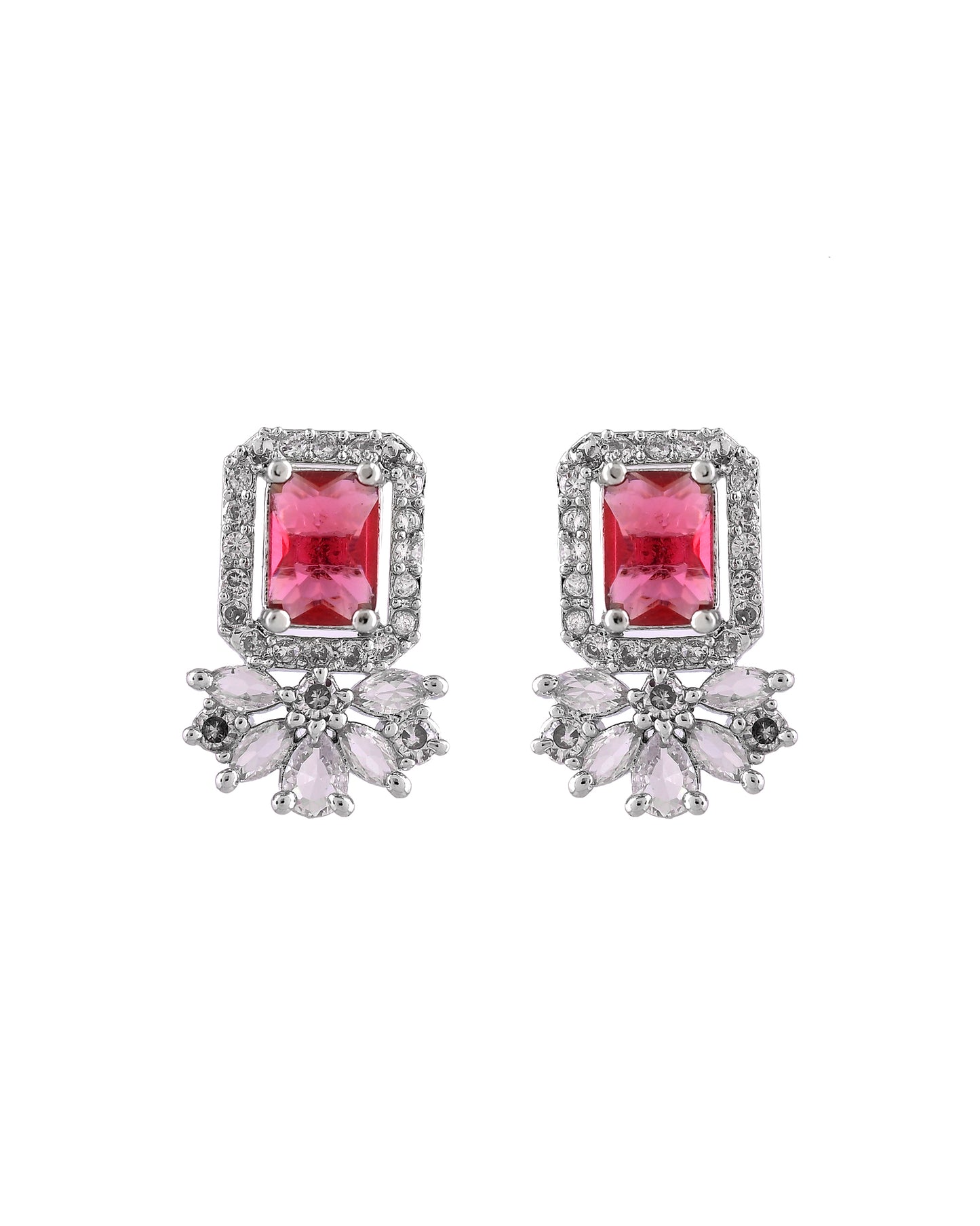 VOJ Silver Plated Ruby Red Rectangular Stone Studded Ad Chain Set - Dista