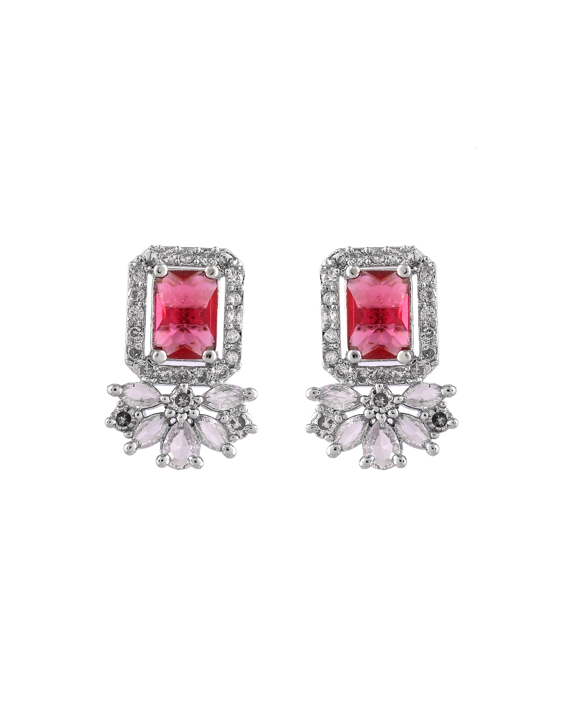 VOJ Silver Plated Ruby Red Rectangular Stone Studded Ad Chain Set - Dista