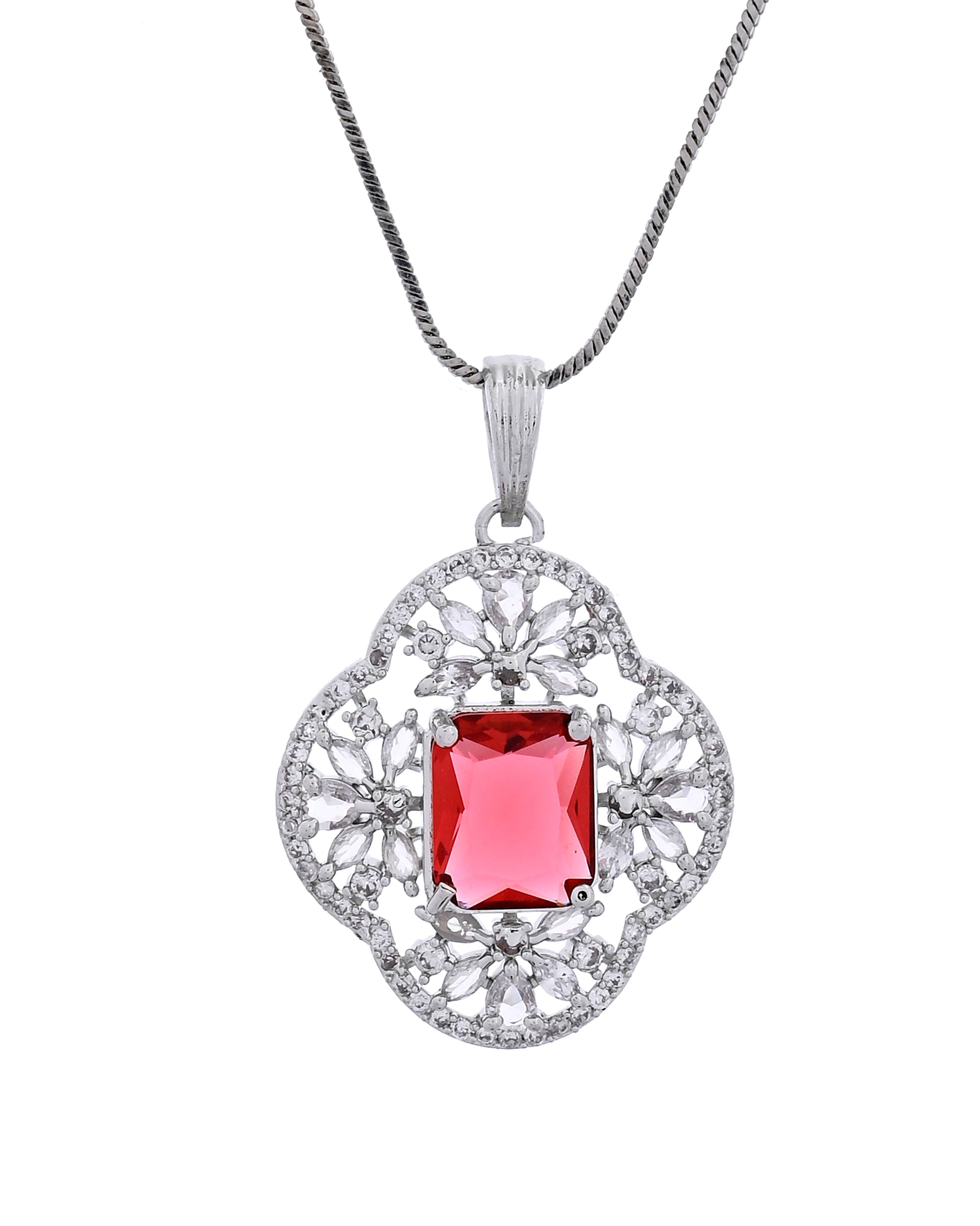 VOJ Silver Plated Ruby Red Rectangular Stone Studded Ad Chain Set - Dista