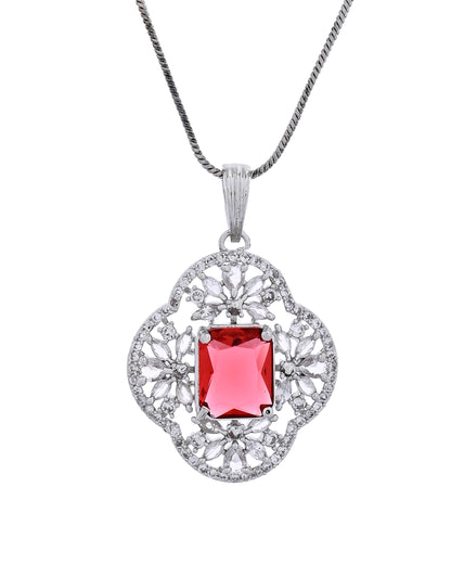 VOJ Silver Plated Ruby Red Rectangular Stone Studded Ad Chain Set - Dista