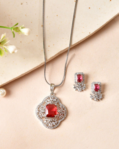 VOJ Silver Plated Ruby Red Rectangular Stone Studded Ad Chain Set - Dista