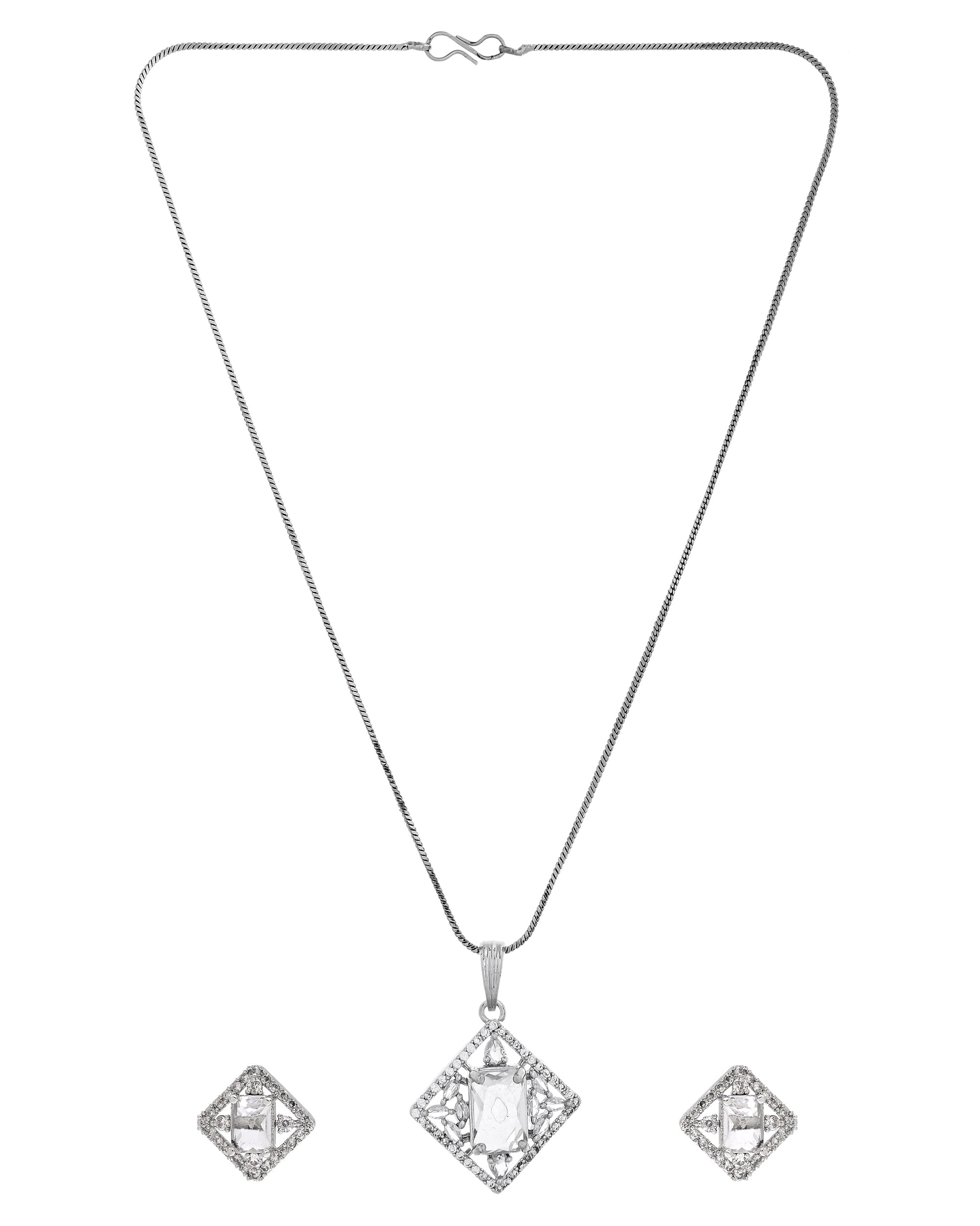 VOJ Silver Plated Square Shaped Ad Pendant With Chain Set