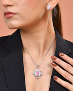 Thumbnail for VOJ Silver Plated Baby Pink Rectangular Shaped Stone Studded Ad Chain Set