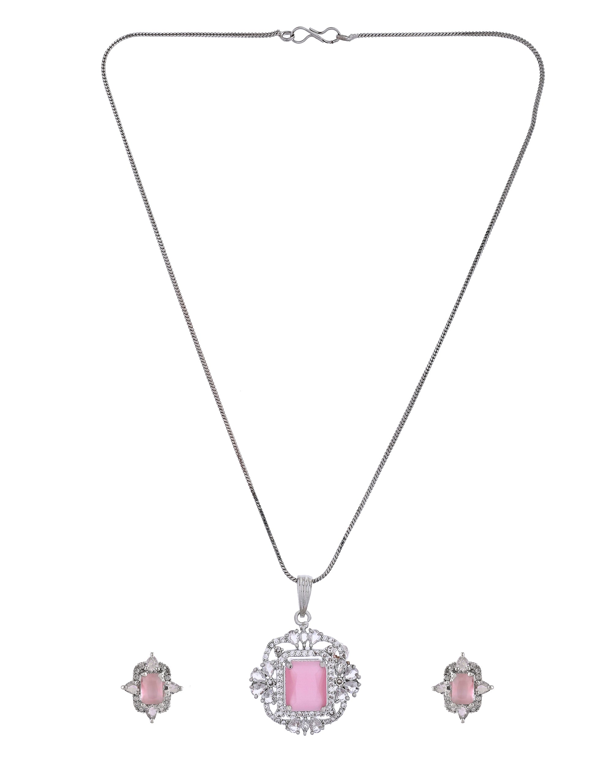 VOJ Silver Plated Baby Pink Rectangular Shaped Stone Studded Ad Chain Set