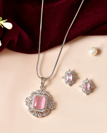 VOJ Silver Plated Baby Pink Rectangular Shaped Stone Studded Ad Chain Set - Dista