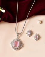 Thumbnail for VOJ Silver Plated Baby Pink Rectangular Shaped Stone Studded Ad Chain Set