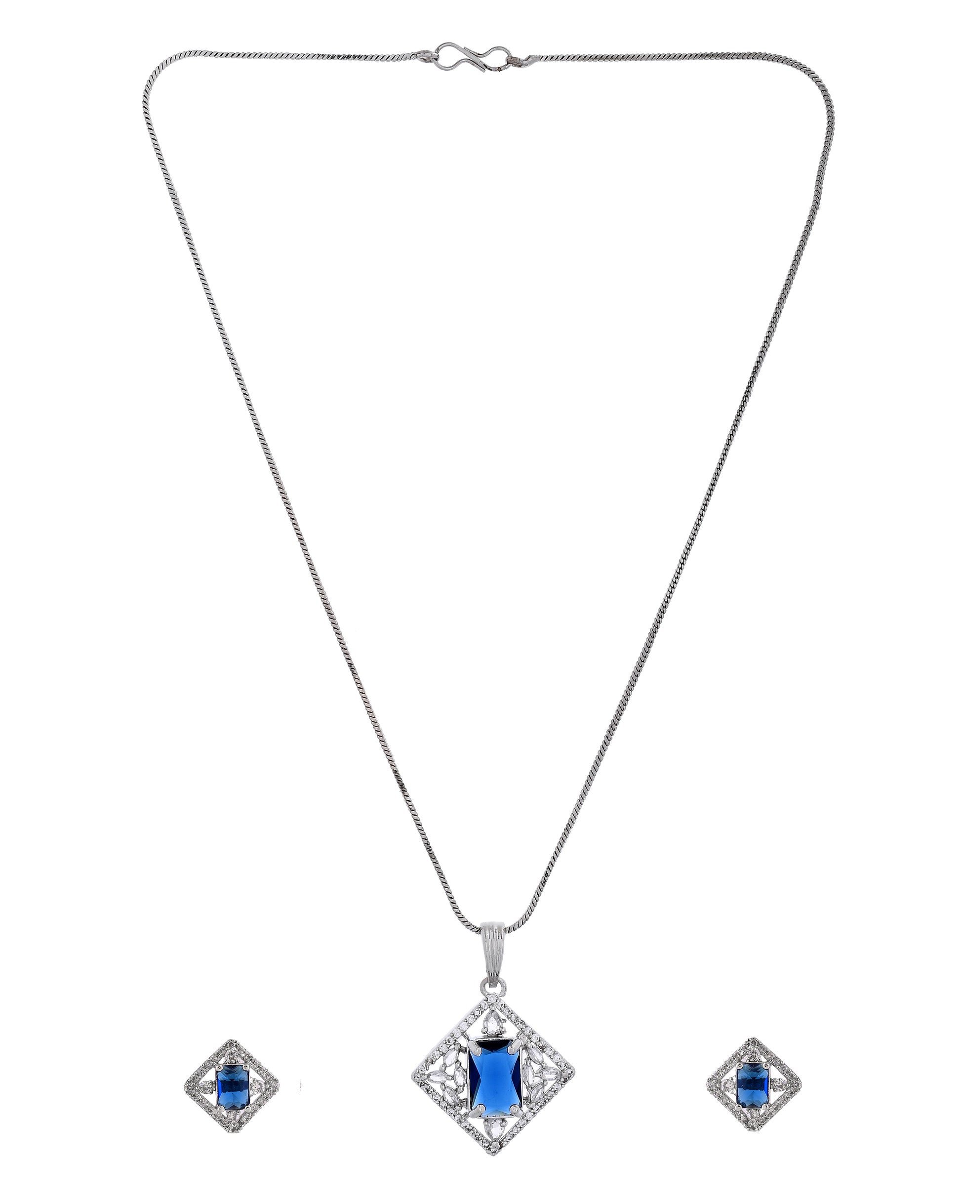 VOJ Silver Plated Blue Rectangular Shaped Stone With Square Shaped Ad Pendant With Chain Set - Dista
