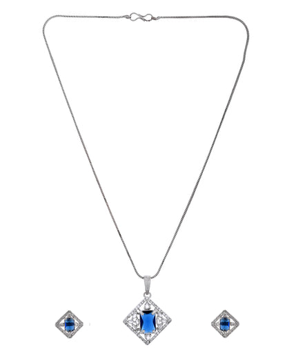 VOJ Silver Plated Blue Rectangular Shaped Stone With Square Shaped Ad Pendant With Chain Set - Dista