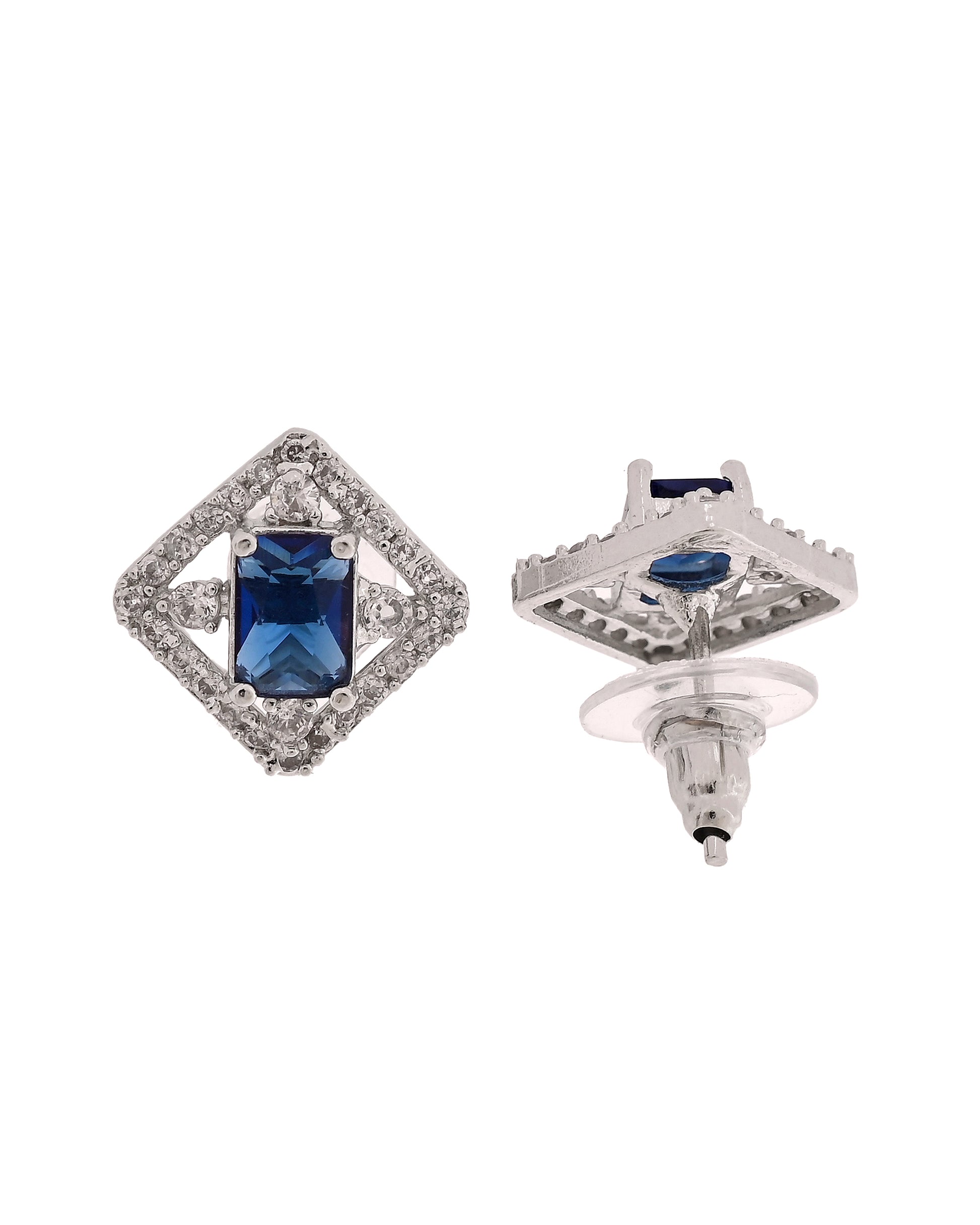 VOJ Silver Plated Blue Rectangular Shaped Stone With Square Shaped Ad Pendant With Chain Set - Dista