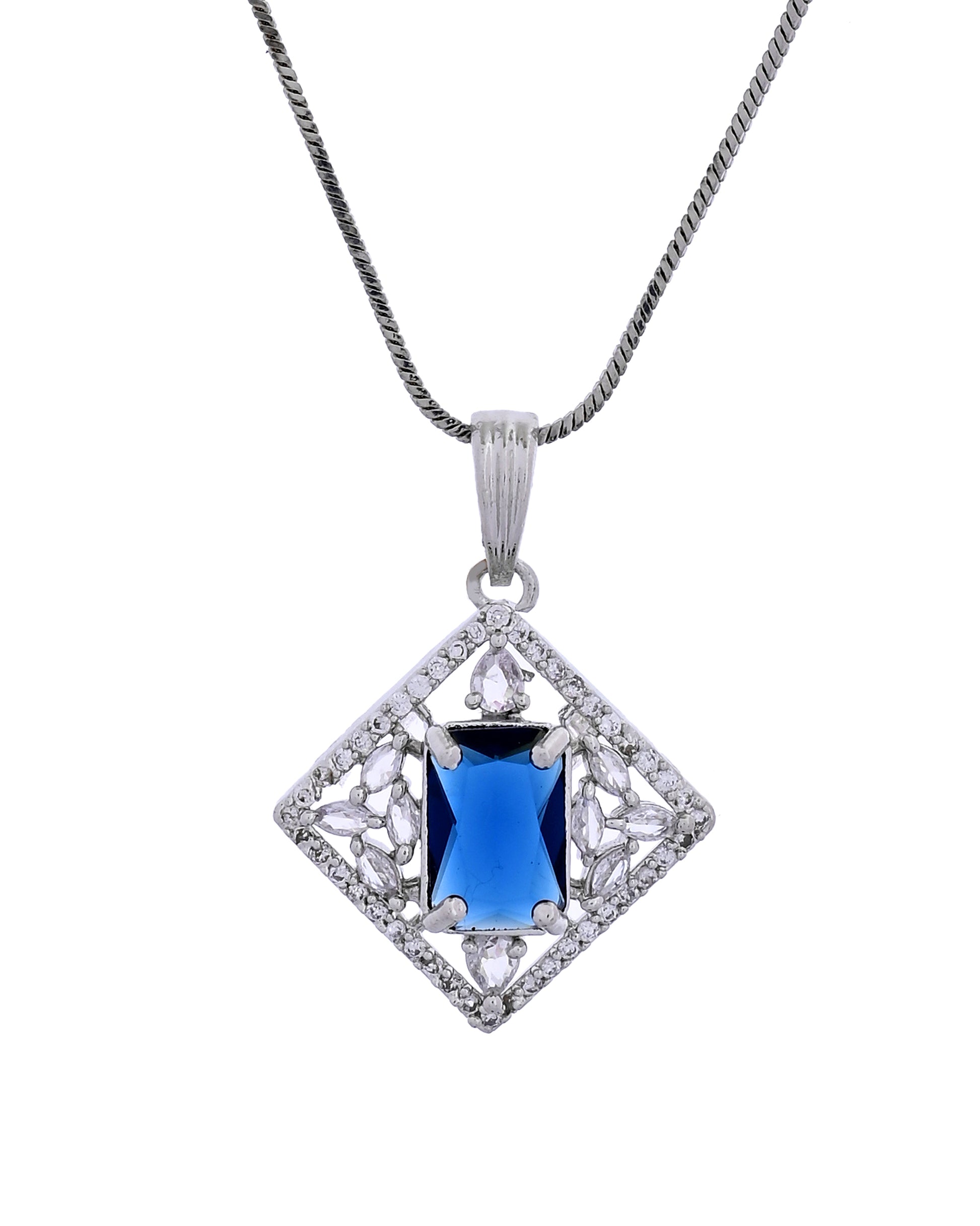VOJ Silver Plated Blue Rectangular Shaped Stone With Square Shaped Ad Pendant With Chain Set - Dista