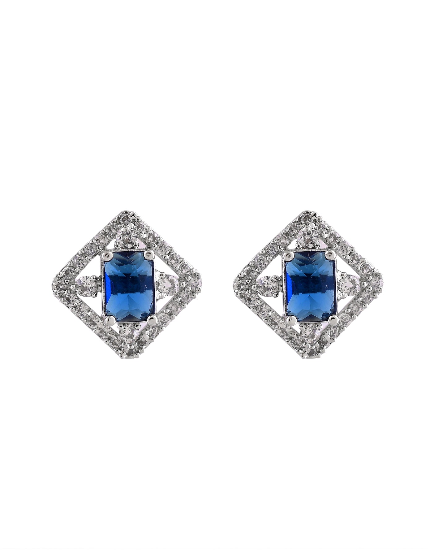 VOJ Silver Plated Blue Rectangular Shaped Stone With Square Shaped Ad Pendant With Chain Set - Dista