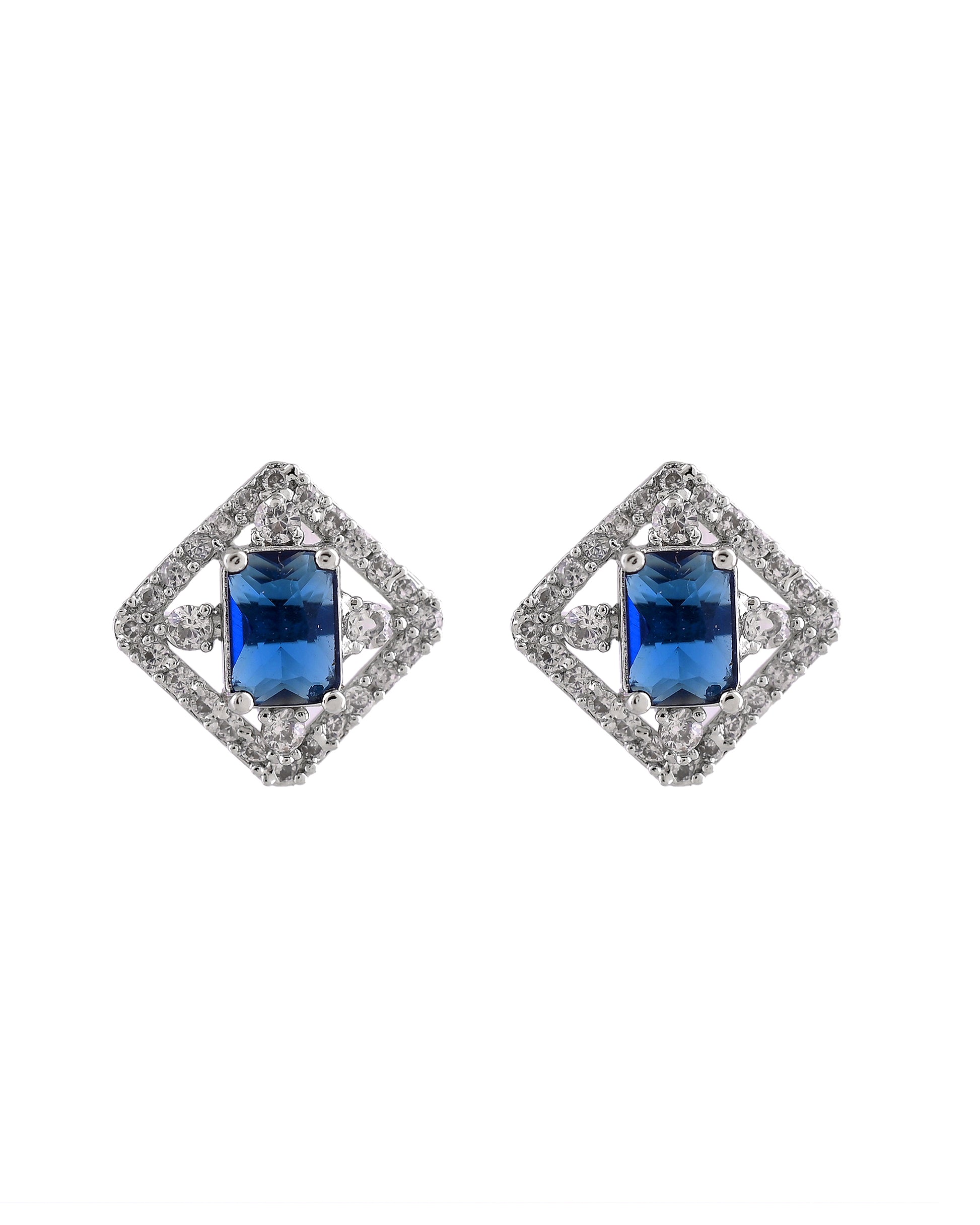 VOJ Silver Plated Blue Rectangular Shaped Stone With Square Shaped Ad Pendant With Chain Set - Dista