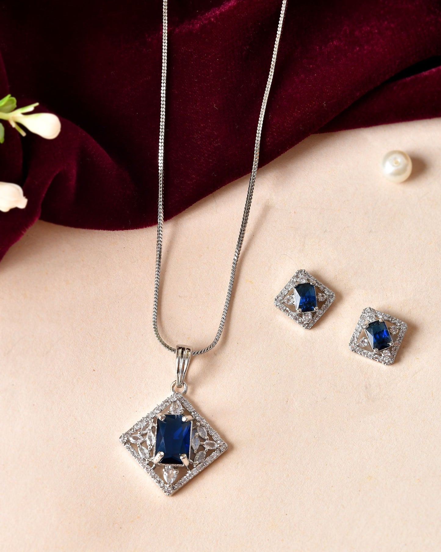 VOJ Silver Plated Blue Rectangular Shaped Stone With Square Shaped Ad Pendant With Chain Set - Dista
