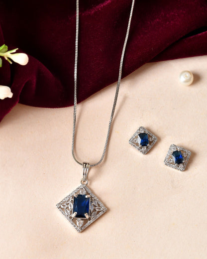 VOJ Silver Plated Blue Rectangular Shaped Stone With Square Shaped Ad Pendant With Chain Set - Dista