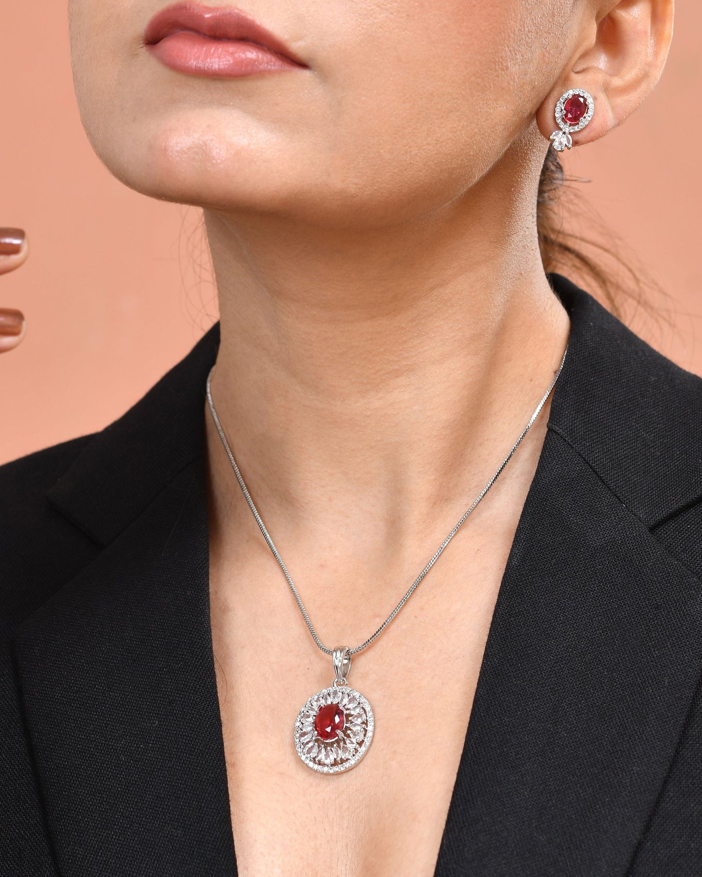 VOJ Silver Plated Oval Shaped Ruby Red Ad Chain Set - Dista
