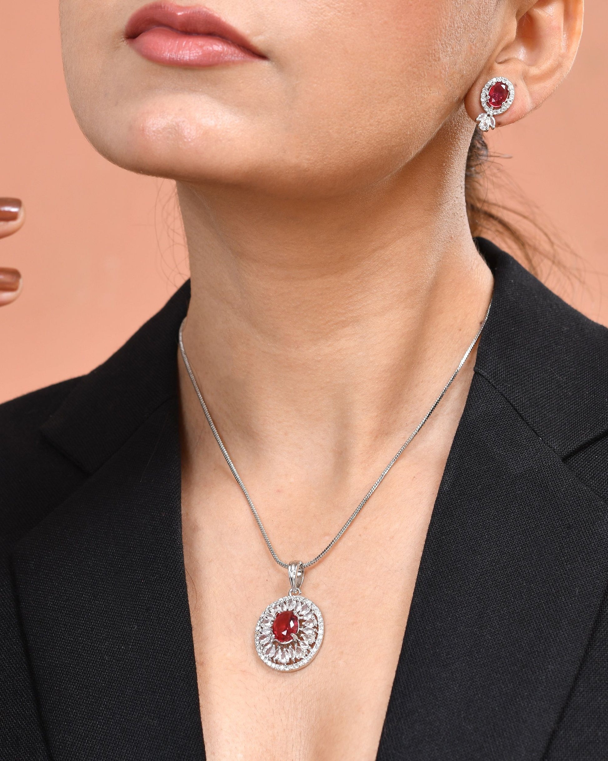 VOJ Silver Plated Oval Shaped Ruby Red Ad Chain Set - Dista