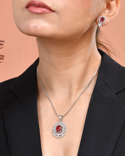 VOJ Silver Plated Oval Shaped Ruby Red Ad Chain Set - Dista