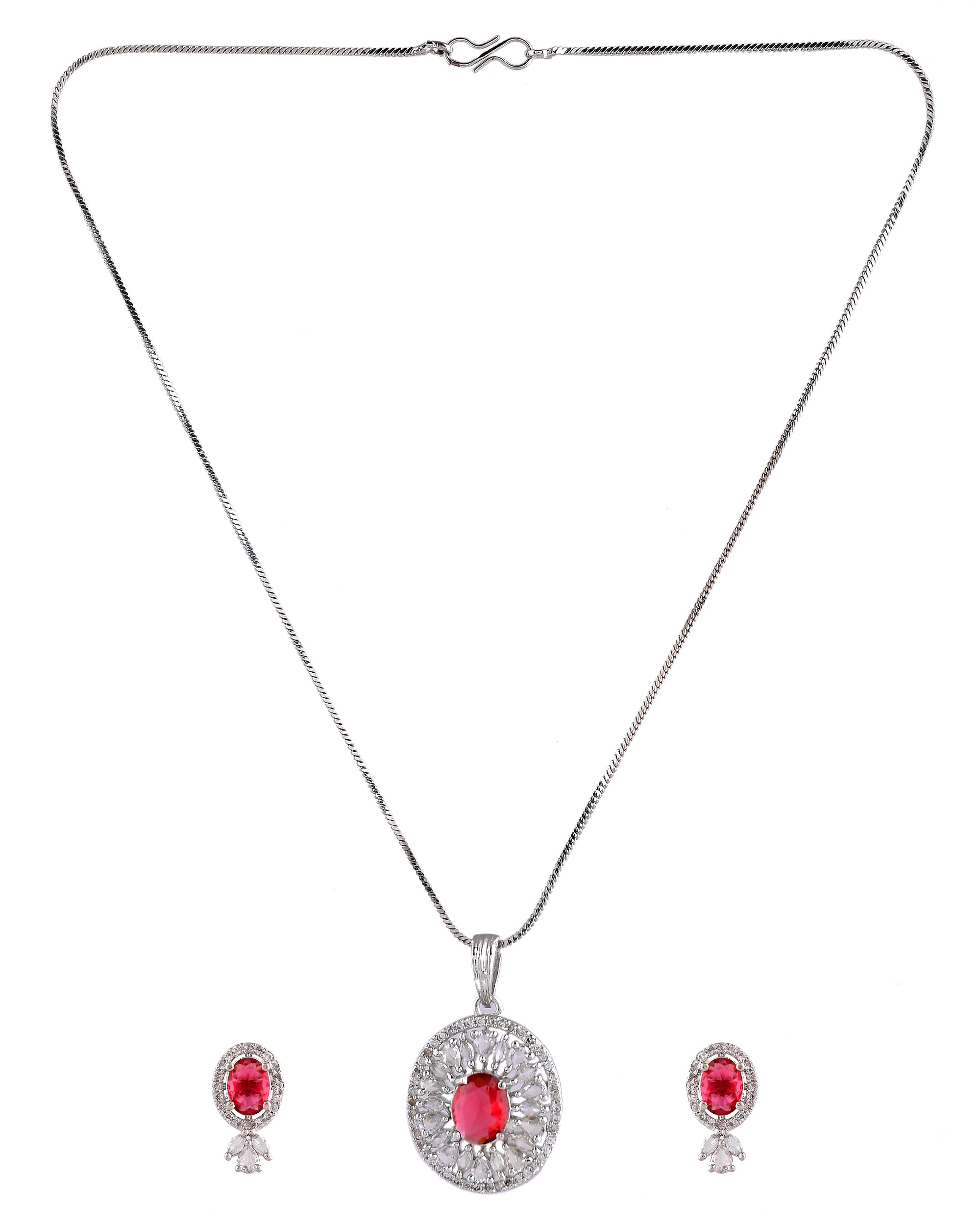 VOJ Silver Plated Oval Shaped Ruby Red Ad Chain Set
