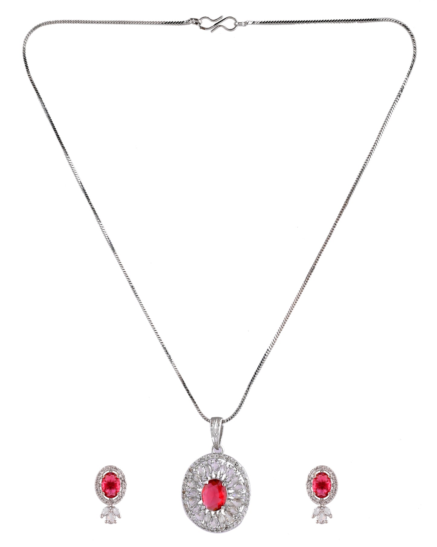 VOJ Silver Plated Oval Shaped Ruby Red Ad Chain Set - Dista
