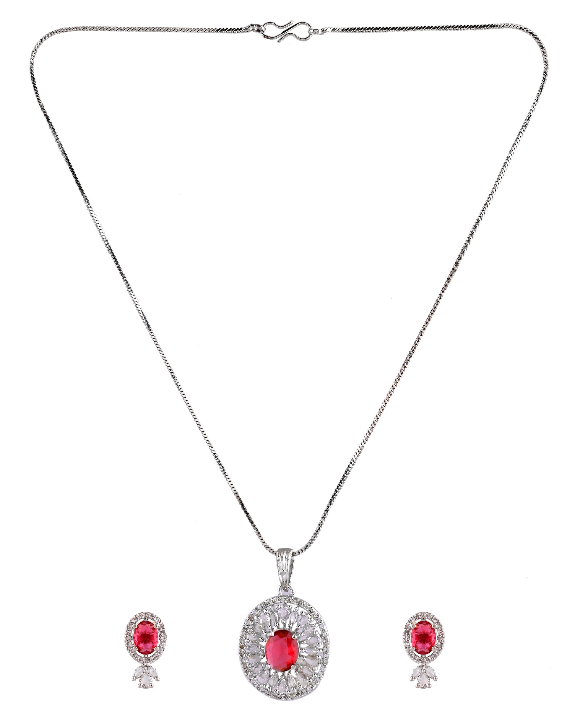 VOJ Silver Plated Oval Shaped Ruby Red Ad Chain Set - Dista