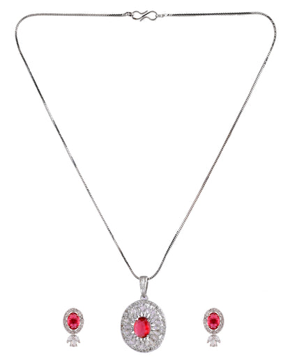 VOJ Silver Plated Oval Shaped Ruby Red Ad Chain Set - Dista