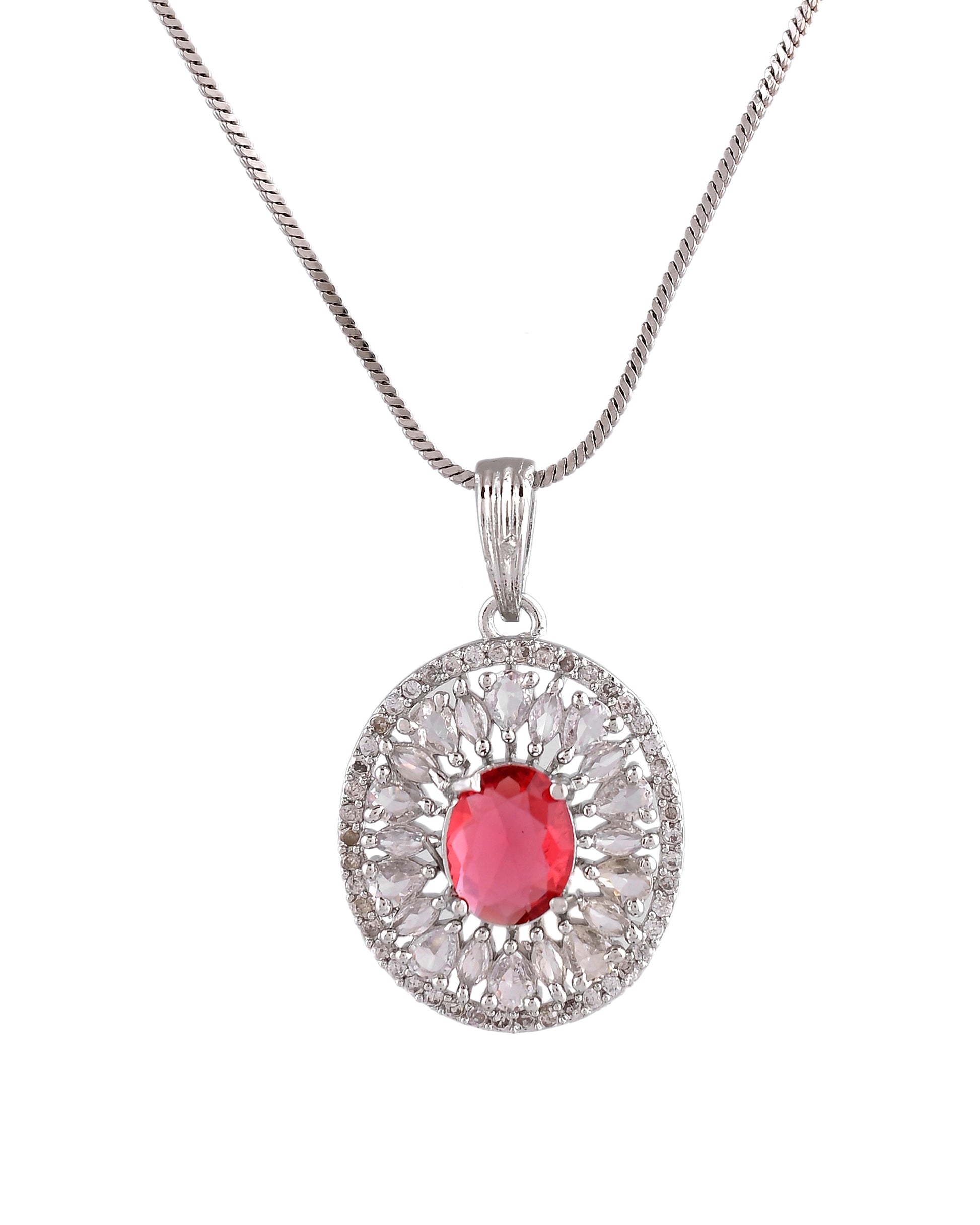 VOJ Silver Plated Oval Shaped Ruby Red Ad Chain Set - Dista