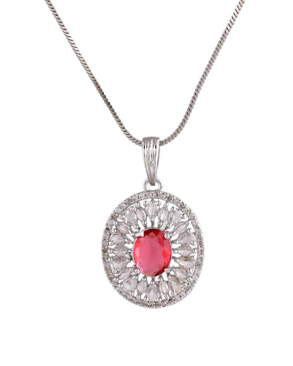 VOJ Silver Plated Oval Shaped Ruby Red Ad Chain Set - Dista