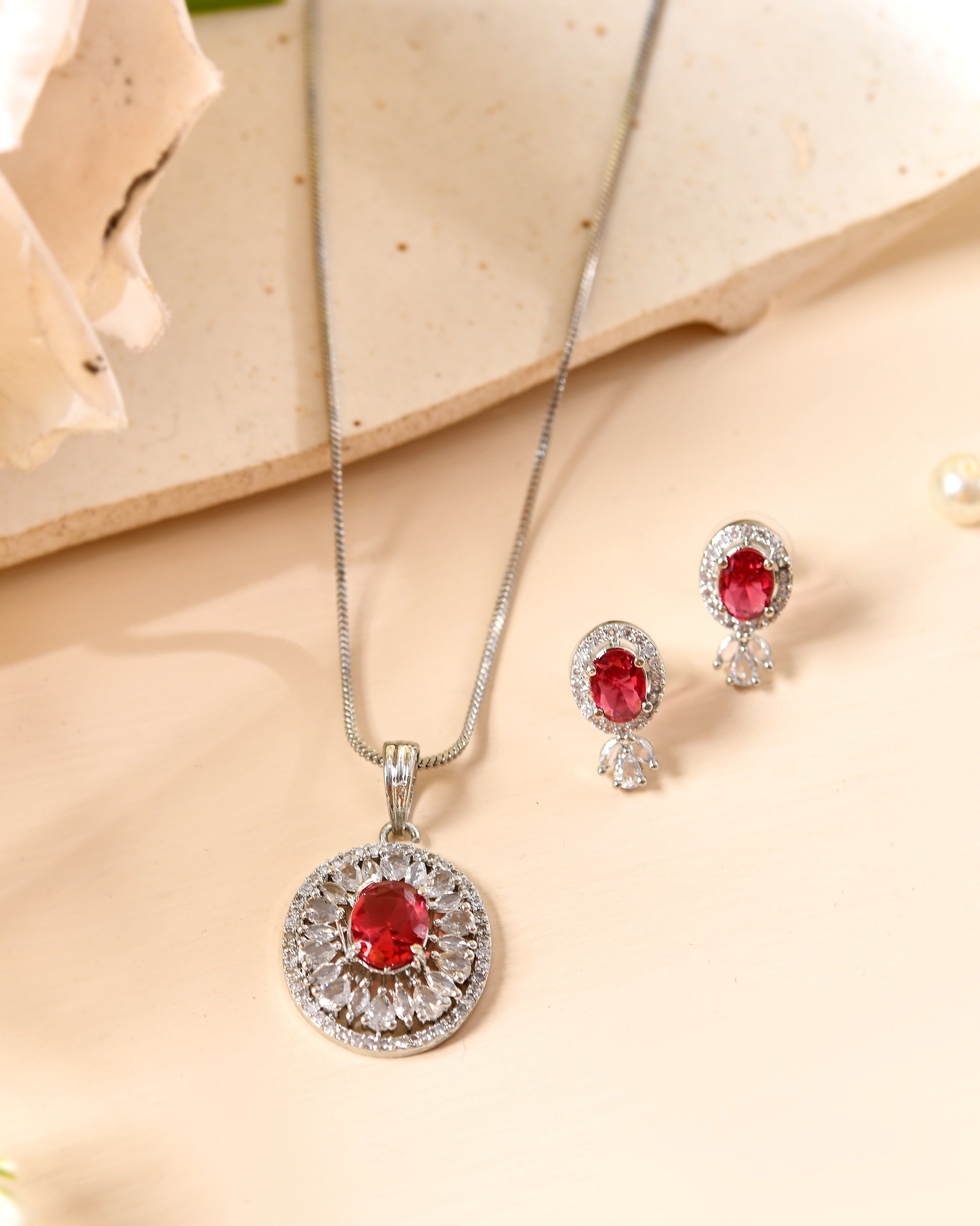 VOJ Silver Plated Oval Shaped Ruby Red Ad Chain Set - Dista