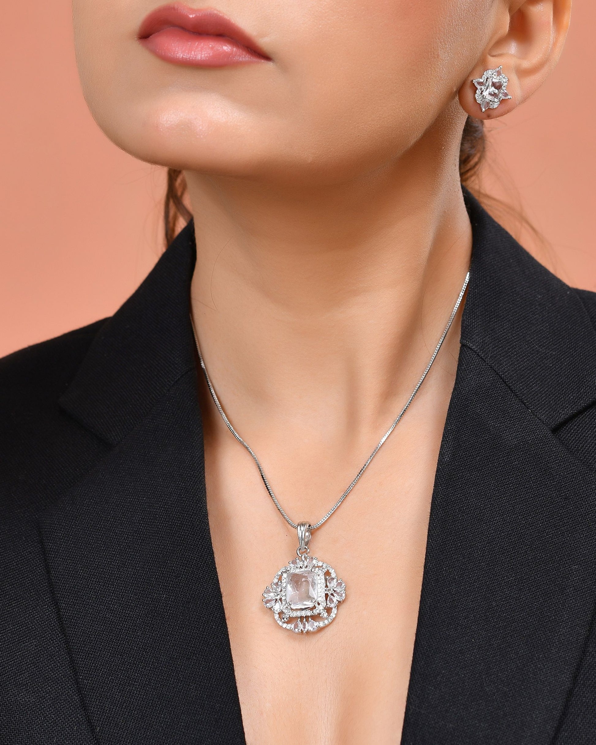 VOJ Silver Plated Rectangular Ad Stone Studded Chain Set - Dista