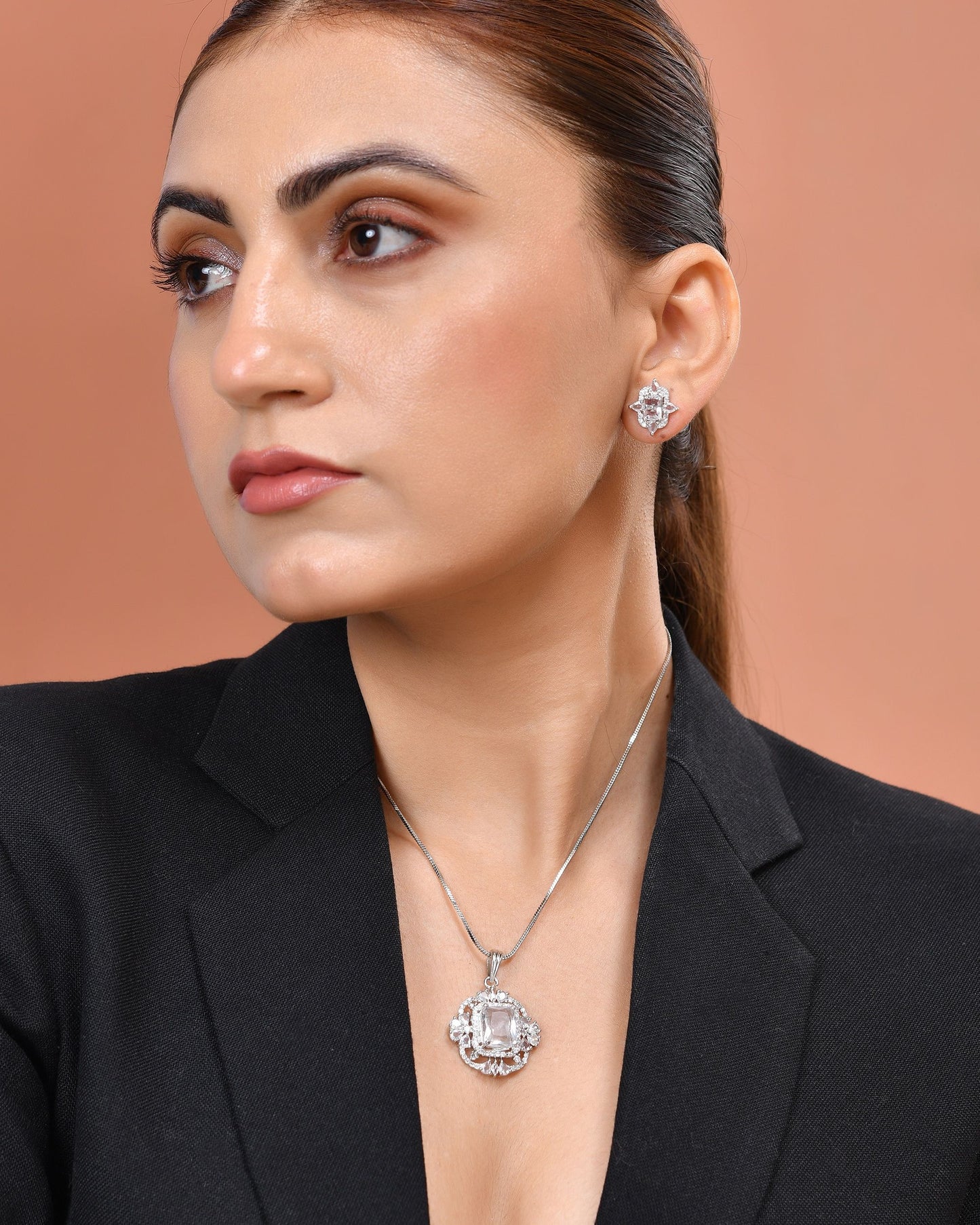 VOJ Silver Plated Rectangular Ad Stone Studded Chain Set - Dista