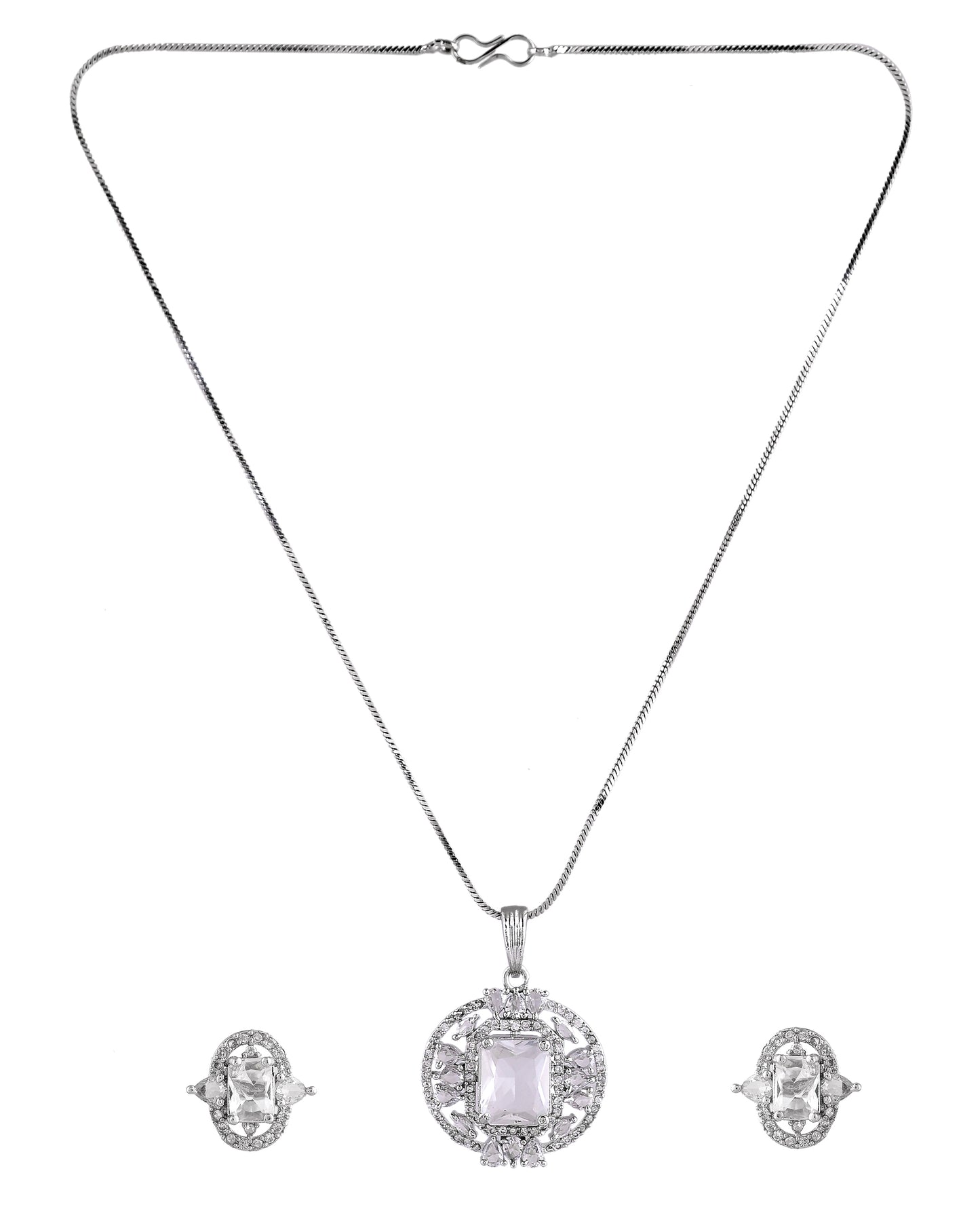 VOJ Silver Plated Rectangular Ad Stone Studded Chain Set - Dista