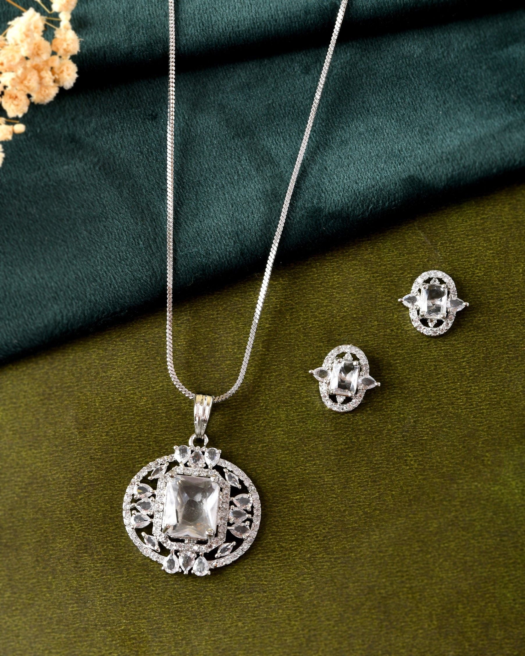 VOJ Silver Plated Rectangular Ad Stone Studded Chain Set - Dista